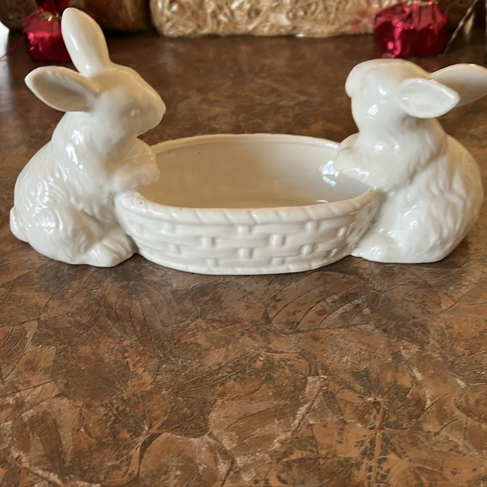 RAZ White Easter Candy Dish With Bunnies